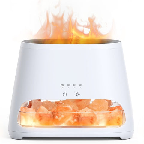White Himalayan salt lamp with orange flame effect on a white background