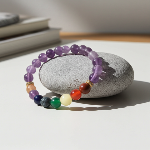 Amethyst 7 Chakra crystal bead bracelet for chakra alignment, healing practice, and mindful everyday use.