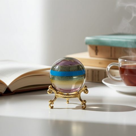 7 Chakra crystal ball meditation sphere for chakra alignment, mindfulness practice, and holistic healing use.