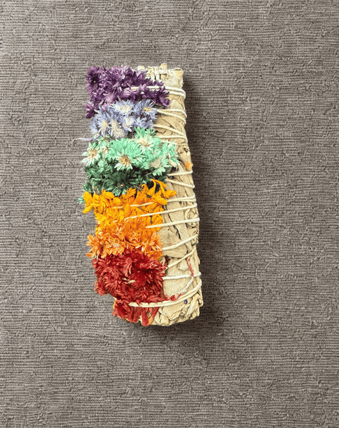 Sage with 7 Chakra flowers sage bundle for meditation, chakra balancing, and ceremonial practice.