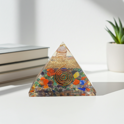 7 chakra orgonite pyramid with colorful crystals for meditation and spiritual decor