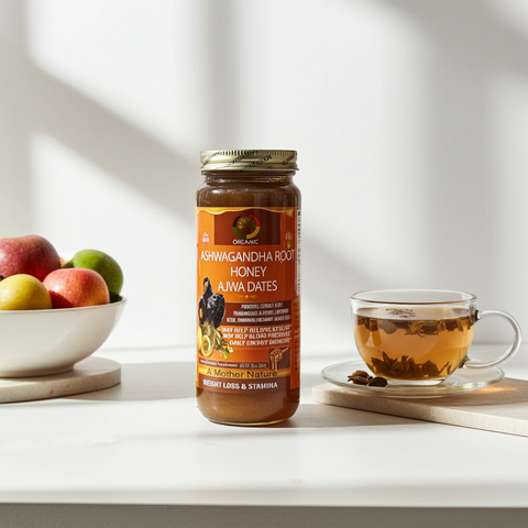 Jar of Ashwagandha Root Honey with a cup of tea and fruits on a table