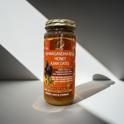Jar of Ashwagandha Root Honey Ajwa Dates on a gray background