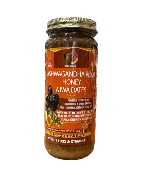 Jar of Ashwagandha Root Honey Ajwa Dates with label on a white background
