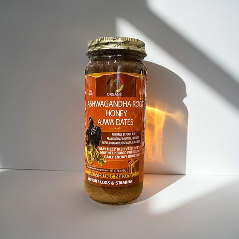Jar of Ashwagandha Root Honey Ajwa Dates on a white background