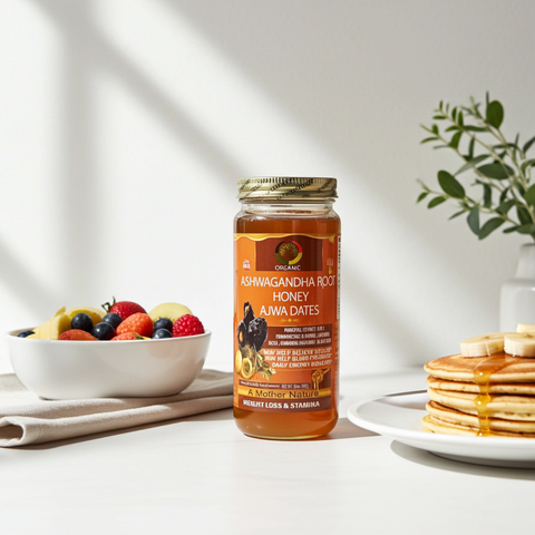 Jar of Ashwagandha Root Honey with Dates on a table with fruit and pancakes