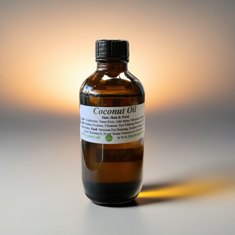 Clear bottle of coconut carrier oil for skincare and haircare use