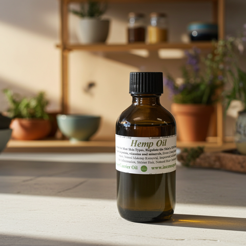 Cold pressed hemp carrier oil displayed in a cosmetic bottle