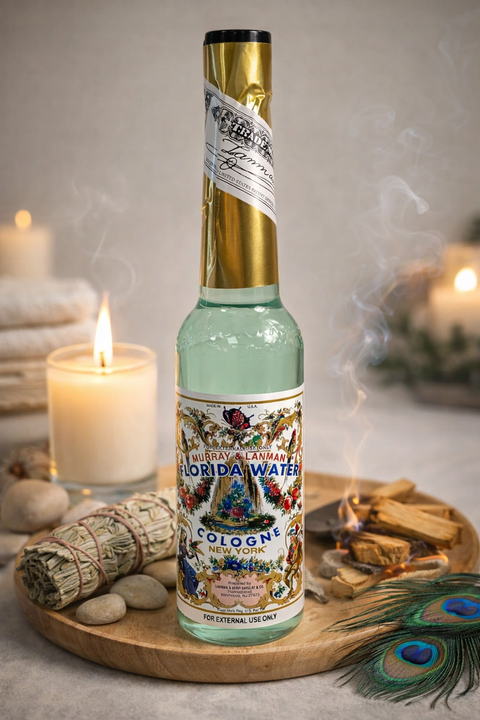 Bottle of Florida Water cologne on a wooden tray with candles and a peacock feather.