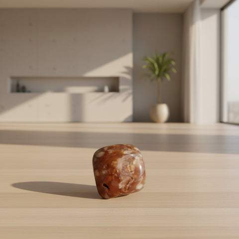 Brown and white marbled stone on a light gray background