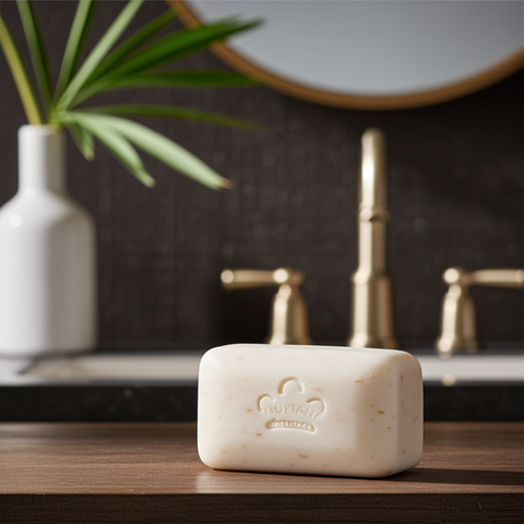 Handmade coconut and papaya soap displayed as a skincare bar.