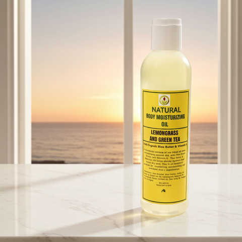 Hydrating body moisturizing oil infused with lemongrass and green tea extracts.