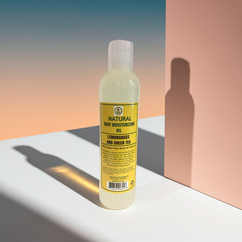 Lemongrass and green tea body moisturizing oil in a sleek skincare bottle.