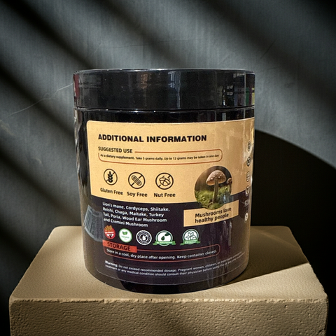 Black container with a label on a gray background