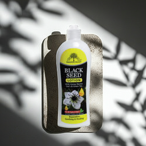 Natural black seed lotion designed to leave skin soft and smooth.
