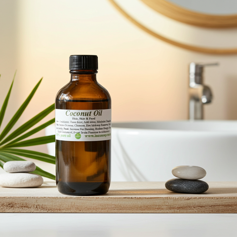 Natural coconut carrier oil displayed in a simple bottle for wellness use