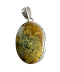 Pendant with a yellow and black marbled stone on a white background