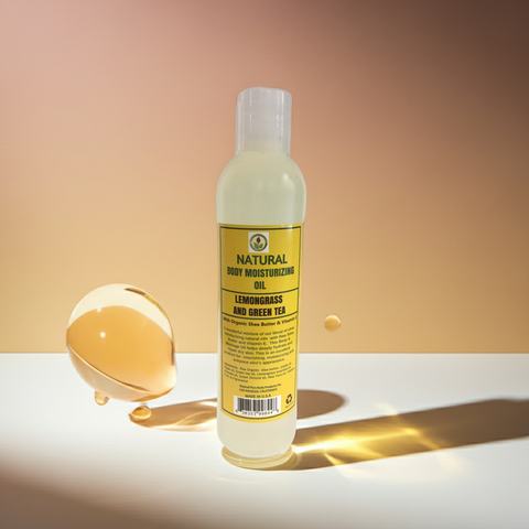 Nourishing body oil with lemongrass and green tea for soft and hydrated skin.