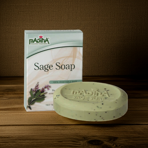 Organic sage soap block with a fresh herbal-inspired look.