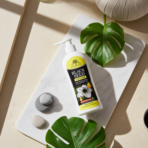 Premium black seed body lotion for nourishing dry skin.