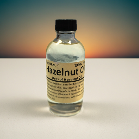 Pure hazelnut carrier oil in a clear cosmetic bottle