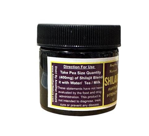 Jar of Shilajit with black lid on a white background