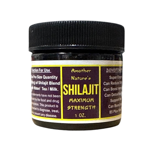 Jar of Shilajit with a black lid and label on a white background