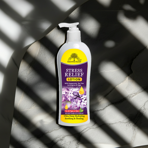 Bottle of stress relief lotion for calming and relaxation