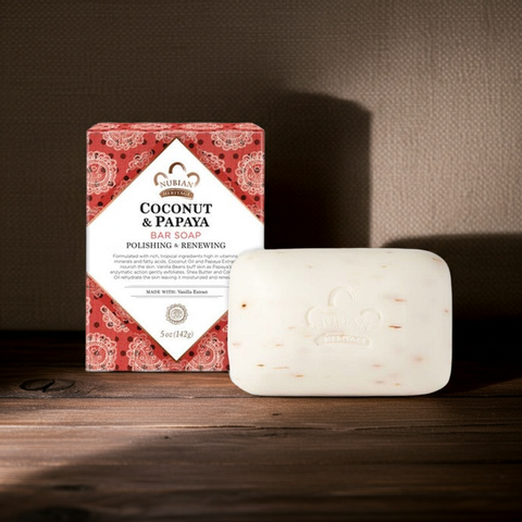 Tropical soap made with coconut and papaya ingredients.