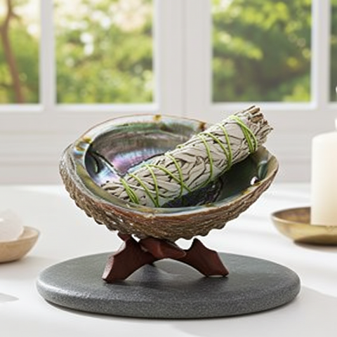 Abalone smudge shell with tripod holder and sage