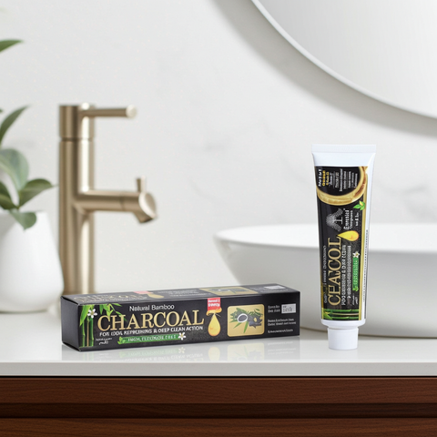 Activated charcoal toothpaste tube for stain removal, teeth whitening, and everyday dental hygiene.