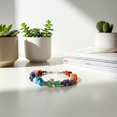 Adjustable 7 Chakra crystal healing bracelet with gemstone beads for chakra alignment, yoga, and holistic wellness use.