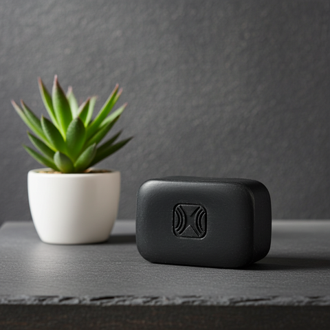 African Black Soap skin cleansing bar with Aloe Vera, Shea Butter, and Vitamin E for washing, hydrating, and refreshing the skin.