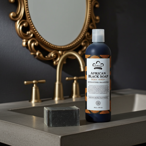 African Black Soap bar for face and body cleansing, bathing, and skincare care.