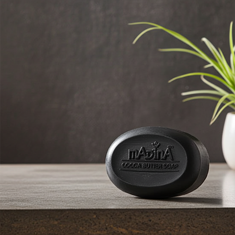 Skincare bar of African black soap with cocoa butter and vitamin E for nourishing cleansing