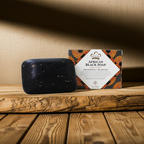 African Black Soap bar for detoxifying and balancing skin with a natural skincare formula.