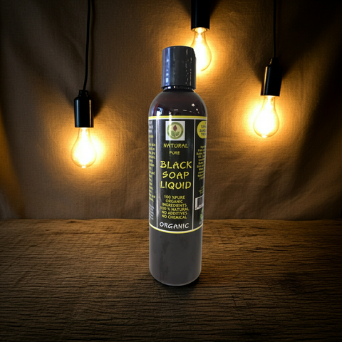 Organic African Black Soap Liquid for gentle hair and skin cleansing, acne-prone skin, and natural body wash.