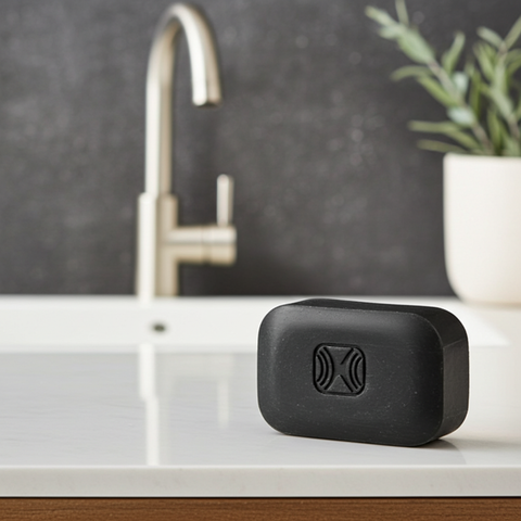 African Black Soap moisturizing bar with Shea Butter, Aloe Vera, and Vitamin E for gentle cleansing, softening skin, and routine skincare.