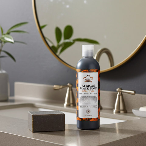 African Black Soap moisturizing body wash for shower use, skin cleansing, and everyday body care.