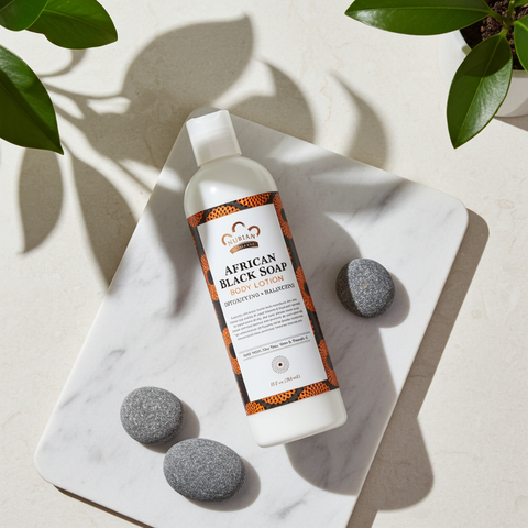 Moisturizing detox lotion with African Black Soap for smooth and hydrated skin.