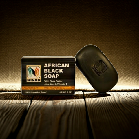African Black Soap cleansing bar with Shea Butter, Aloe Vera, and Vitamin E for bathing, nourishing skin, and everyday use.