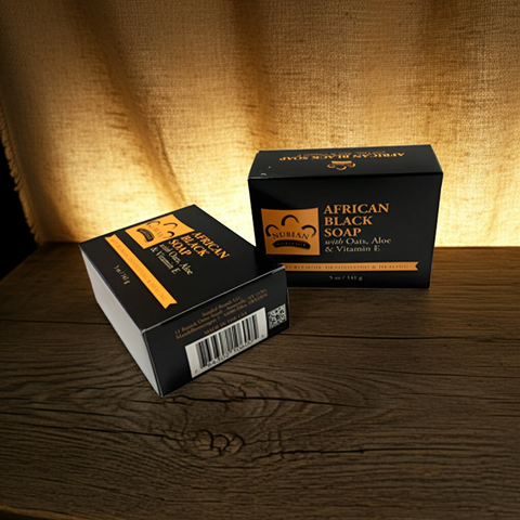 African Black Soap with Oats, Aloe and Vitamin E skin care bar for facial cleansing, body washing, and everyday skincare routines.
