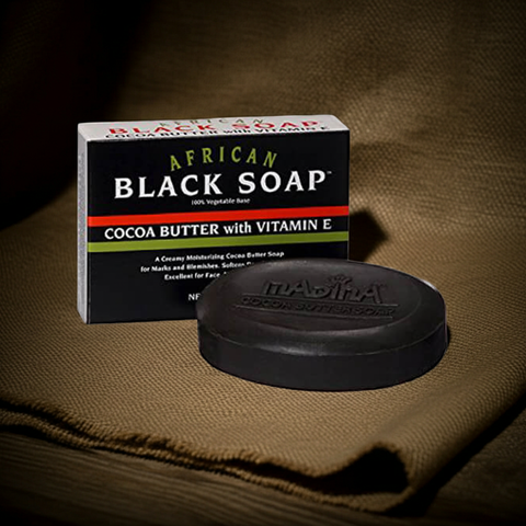 African black soap bar enriched with cocoa butter and vitamin E for daily skin cleansing