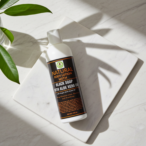 Moisturizing black soap lotion infused with aloe vera for soft and hydrated skin.