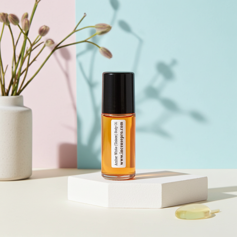 Amber White perfume body oil bottle for unisex fragrance use, moisturizing skin, and long-lasting scent layering.