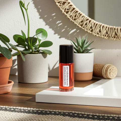 Amber White scented body oil bottle for moisturizing skin, layering fragrance, and daily body care.