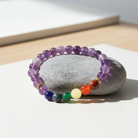 Amethyst 7 Chakra Crystal Bracelet (6–8mm Beads) - Incense Pro