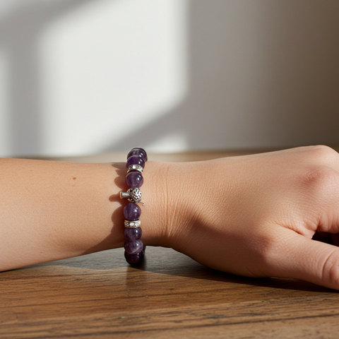 Natural amethyst crystal bracelet with polished purple stones