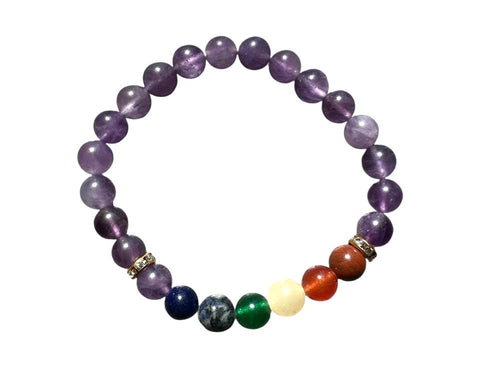 Amethyst 7 Chakra bracelet with natural crystal beads for yoga, spiritual balance, and holistic wellness routines.