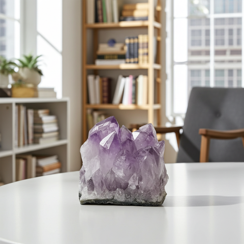 Amethyst cluster crystal stone for home decor, meditation, and energy cleansing.